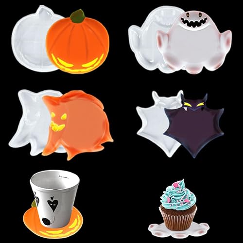 Zayookey 4 PCS Halloween Coaster Resin Molds Pumpkins Coaster Silicone Mold Ghosts Coaster Resin Casting Mold Bat Epoxy Mold DIY Home Decoration
