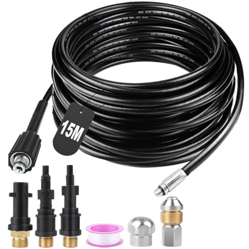 Manguera de limpieza de tuberías de 15 m, juego de limpieza de tuberías compatible con Karcher K2 - K7, Lavor, Bosch, Parkside, limpiador de tuberías para tuberías y desagües obstruidos