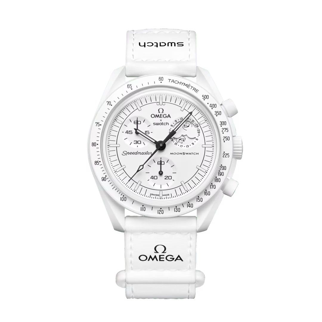 Swatch Armbanduhr Moonswatch Omega x Mission to the Moonphase Snoopy, Weiß, Armband