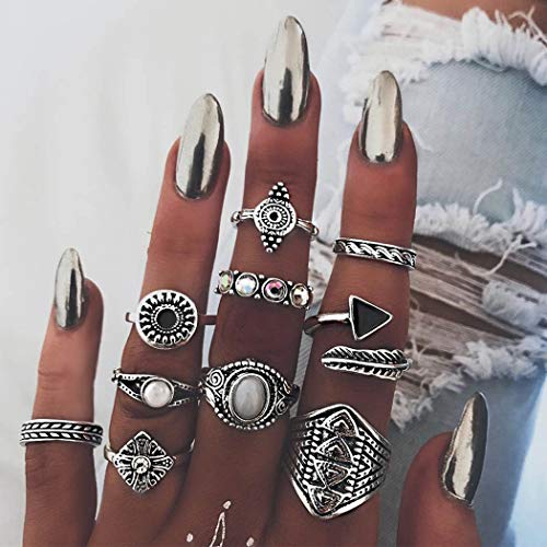 Twinklede Boho Finger Ring Set Sliver Rhinestone Joint Knuckle Rings Carved Stackable Midi Ring for Women and Girls (Silver 3)