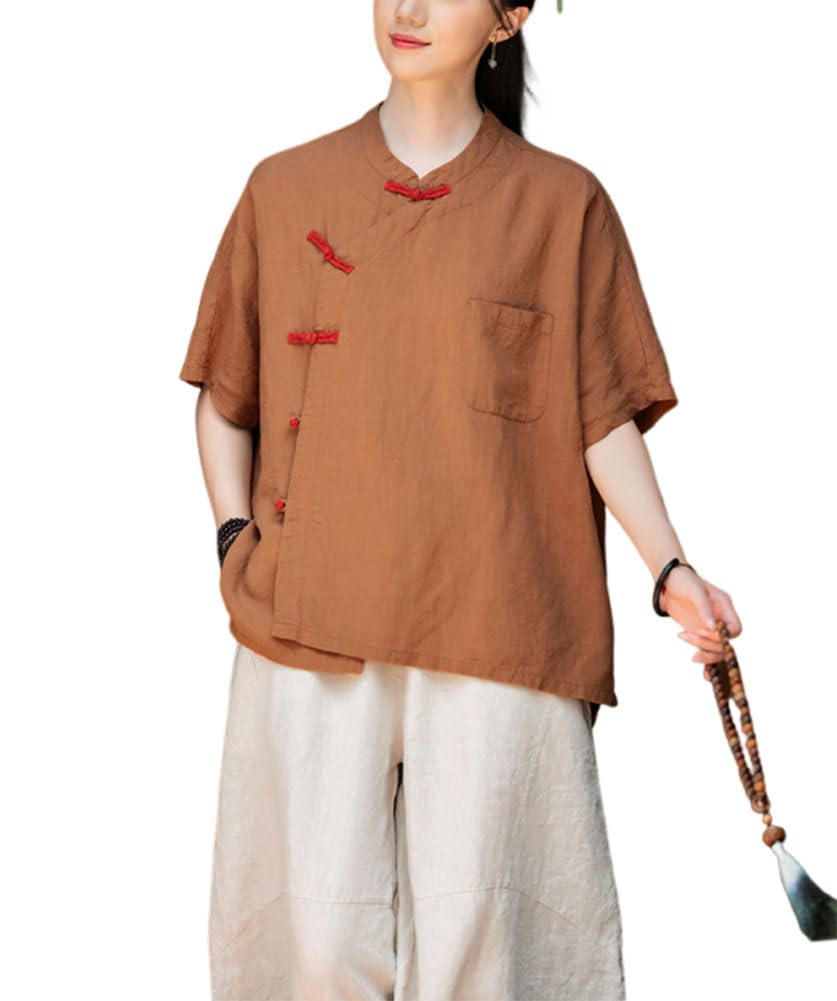 Camicia cinese da donna con colletto alto, bottoni a rana, maniche corte, camicetta zen con tasca
