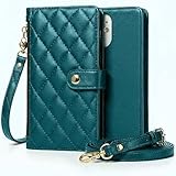 Moozy Valentelle Funda con Tarjetero para iPhone 13 / iPhone 14 (6.1'), Piel PU Acolchada, Bandolera Ajustable, Correa Muñequera, Porta-Tarjetas y Monedero, Funda Antichoque, Crossbody, Verde Oscuro