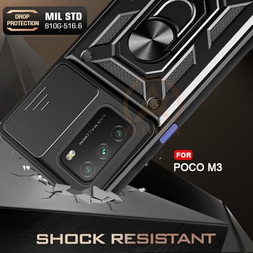 Image of AESTMO Tough Armor Poco M3 / Redmi 9 Power Bumper Back Case Cover | Ring Holder & Sliding Camera Shield Cover | 360 Degree Protection Back Case Cover for Poco M3 / Redmi 9 Power (Black)