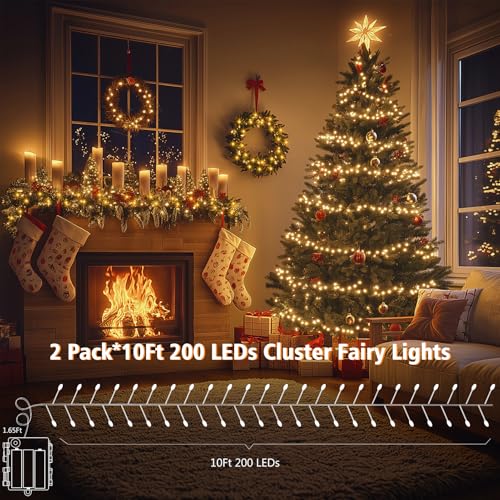 Image of 2 Pack Battery Christmas Fairy Lights, Total 20Ft 400 LED String Lights | Dark Green Copper Wire Cluster String Light Waterproof with Timer 8 Modes for Xmas Tree Garland Decor (Warm White)