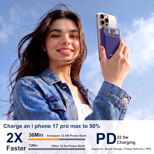Image of Energizer 22.5W Fast Charging Wireless Power Bank 10000mAh, 15W Qi Wireless, USB-C PD + QC Output, Compact Portable Charger for iPhone, Samsung, Android | Travel Friendly | 1 Yr Warranty | Purple