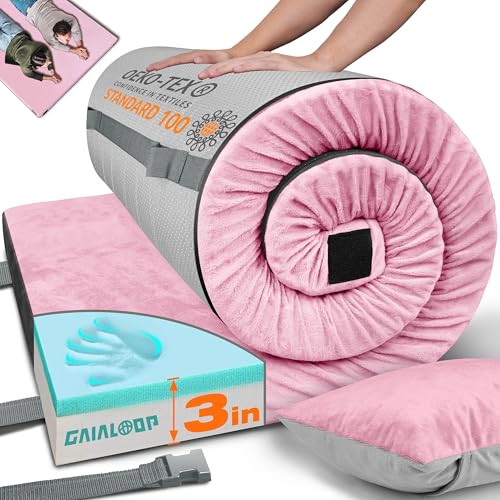 Image of GAIALOOP 3 Inch Memory Foam Camping Mattress, Dual Layer Thick Sleeping Camp Pad for Car Tent Cot, Roll-Up Portable Glamping Floor Bed for Guests Sleepover