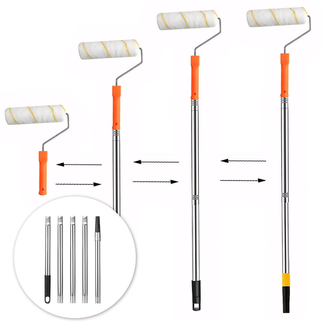 Rouleau de peinture Prolongation de manche en acier inoxydable télescopique en 5 parties avec adaptateur conique pour rouleau de peinture, outils de nettoyage, 40 cm - 180 cm