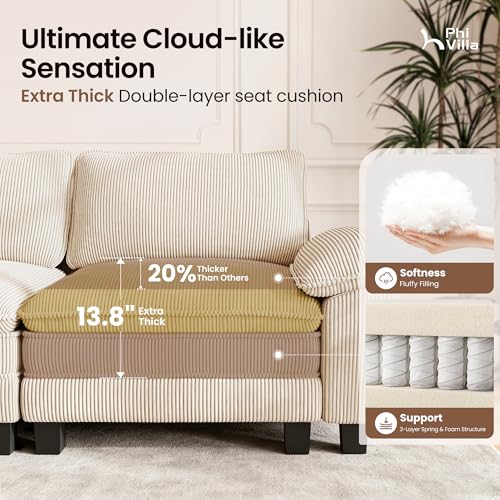 Image of PHI VILLA Cloud Modular Couch Sets with Swivel Accent Chair, 123.6 inch Sectional Sofa with L-Shaped Chaise, 4-Seater Upholstered Couches with Movable Ottoman for Living Room, Corduroy Fabric, Beige