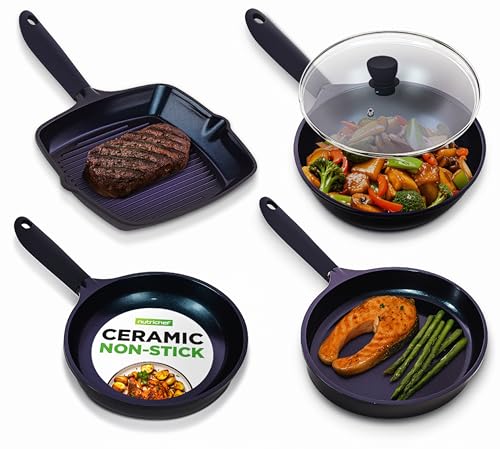 NutriChef Nonstick Frying Pan Set, 5pc Ceramic Coated Pan Sets with Wok, Grill, Fish, Fry Pans, Cool-Touch Handles, Works on Induction, Non Stick Cookware Pots for All Hobs, Easy-Clean, 20–28cm