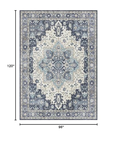 GENIMO 8x10 Area Rugs for Living Room, Machine Washable Non Slip Vintage Rugs, Low Pile Lightweight Chenille Print Rug for Bedroom, Dining Room, Home Office, Center Blue