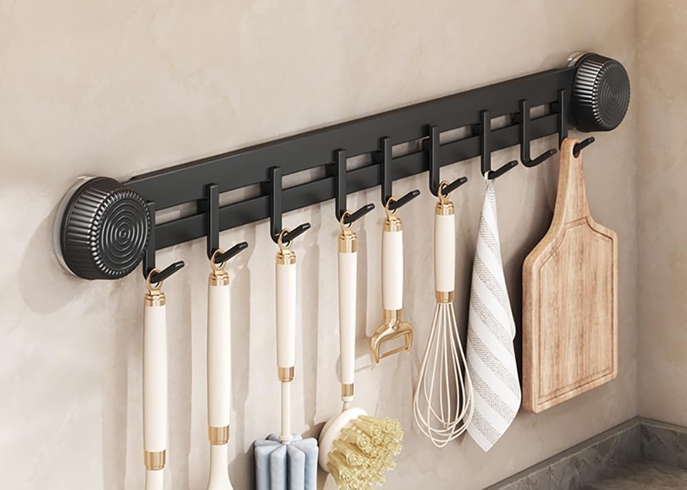 LNGFSH Kitchen Rail with Hooks Suction Cup, Carbon Steel Utensils Rack with Sliding Hooks Wall Mounted, Utensil Holder for Pans, Spoons, and Shovels, Self Adhesive (Black,with 9 Hooks 50cm)