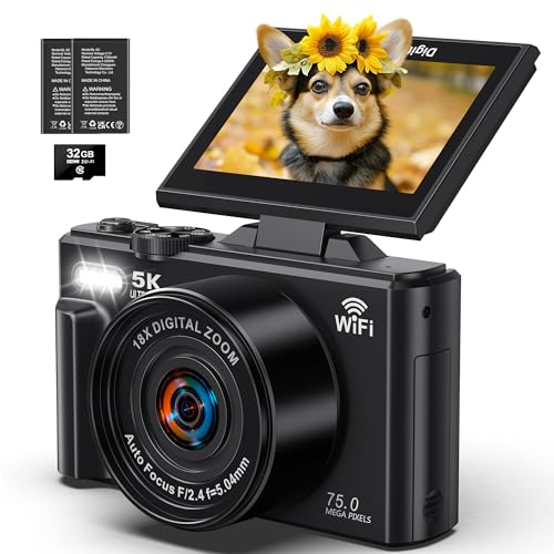 5K Digital Camera - WiFi 75MP Cameras for Photography - UHD Vlogging Camera for YouTube with 3' 180° Flip Screen - Autofocus Compact Video Travel Camara with 18X Zoom, 32GB SD Card, 2 Batteries