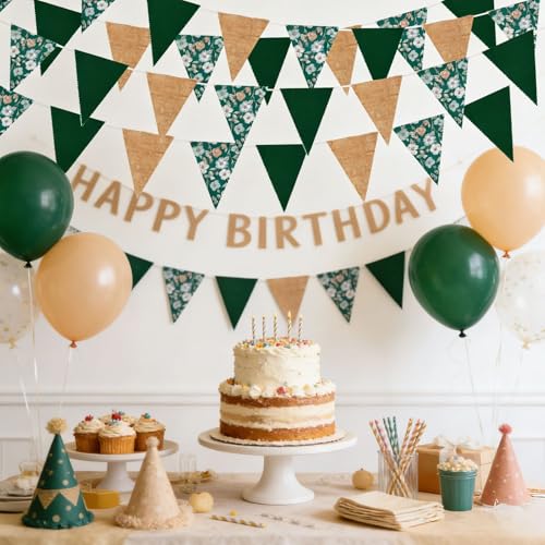 Image of Zwiebeco 39Ft Dark Green Floral Fabric Pennant Banner Vintage Burlap Triangle Flag Retro Flower Bunting Party Decoration for Birthday Engagement Wedding Bridal Baby Shower Rustic Village Garden Decor