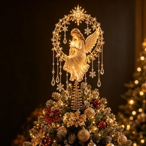 Lighted Memorial Christmas Tree Topper Collection, Angel, Cardinal & Reindeer Designs with Warm Glow and Crystal-Inspired Accents, for Family，Angel's Christmas Moon