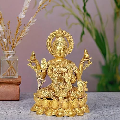 ARTVARKO Godin Laxmi Murti Lakshmi koud gegoten hars bronzen afwerking idool Luxmi zittend op Lotus standbeeld voor woondecoratie Puja Mandir tempel 10,5 cm