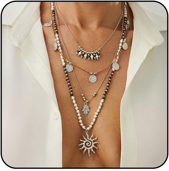 Boho Necklace Layered Western Necklaces for Women Bohemian Turquoise Beaded Necklaces Gold Coin Sun Pendant Necklace Country Concert Western Jewelry Set Cowboy Cowgirl Accessories