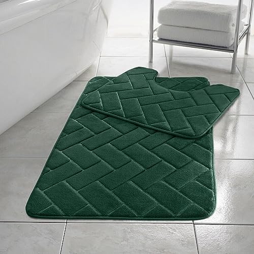 PARADISE STAR Block Memory Foam Bath Mat Extra Absorbent, Soft & Comfortable, Non Slip Bathroom Rug and Pedestal Bath Mat Set COLOUR GREEN