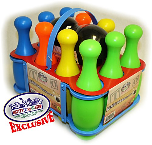 Matty's Toy Stop 10 Pin Multi-Color Deluxe Plastic Bowling Set For Kids With Storage Rack - 12 Pieces Total (10 Pins & 2 Bowling Balls) #TOP1