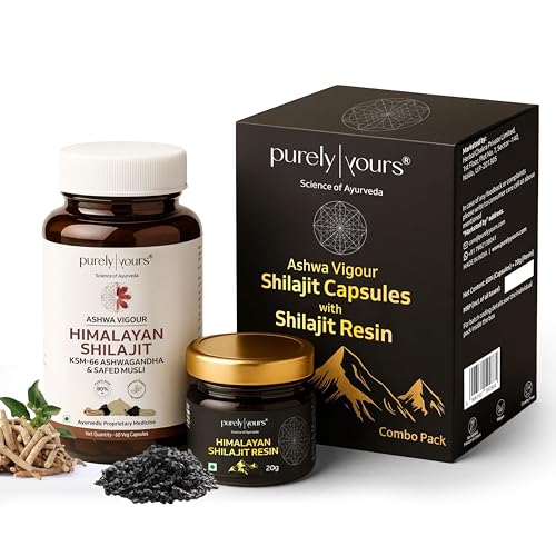 Image of Purely Yours Shilajit Capsules (60) with Shilajit Resin (20g) Combo | 80% Fulvic Acid & KSM-66 Ashwagandha | Boosts Strength, Stamina & Muscle Growth| 100% Ayurvedic