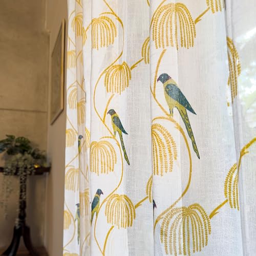 Image of Tranquebar Curtain Co. Sheer Curtains 5 Feet, Linen Textured Sheer Fabric, 20-30% Light Filtering, Blue Bird Print, White Sheer Curtains, BackTab Loops, Design Mithu (152 cm) - Set of 2
