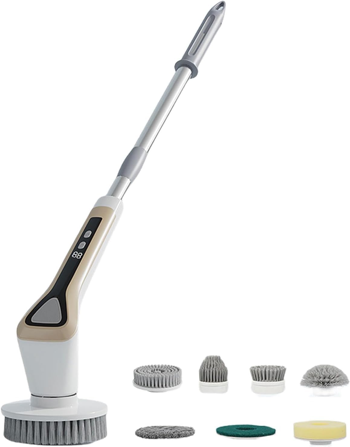 Electric Rotate Scrubber Multifunctional Wireless Household Extendable Cleaning Brush 8 Replaceable Brush Heads 2 Speeds Adjustment with Power LCD Display for Bathroom, Bathtub (White)