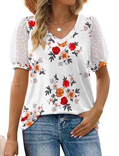 Image of Aokosor Womens Summer Tops V Neck T Shirts Swiss Dot Puff Sleeve Tops Loose Casual Tshirts