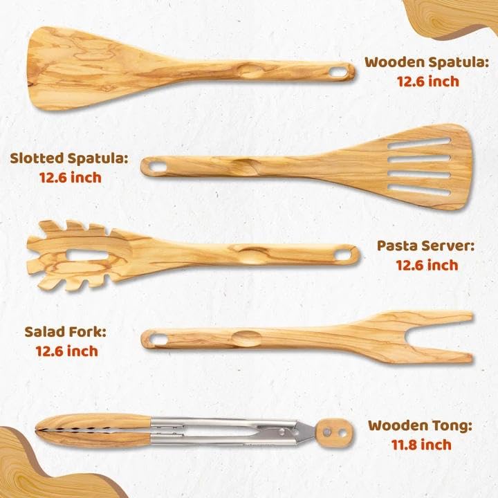 Edergoo Olive Wood Cooking Utensils Set, 5 PCS Wooden Spoons for Cooking Includes Stainles - image 9