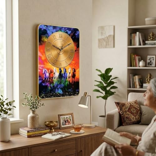 Image of 7 Running Horses Vastu Wall Clock 12x18 Inch | Silent Quartz | Golden Roman Dial | Home Office Living Room Decor Gift