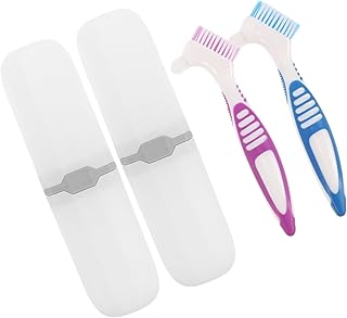 2juegos Limpieza De Dentaduras Portátiles Doble Cara Kit De Para Cuidado Oral Cepillos De Media y Estuches De Almacenamiento y Blanco