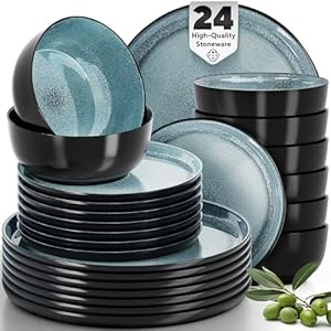 24 Piece Dinnerware Sets for 8 – Modern Style Stoneware Dinnerware Set – Scratch Resistant, Dishwasher Safe Plates and Bowls Sets Ceramic, Dish Set, Bowl and Plate Set – Black and Petrol Blue…