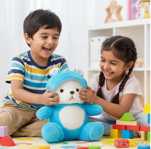 Image of Storescent Hooded Teddy Bear Plush Toy | Soft & Cute Stuffed Animal Toy for Hugging for Kids & Loved Ones - Blue 45cm