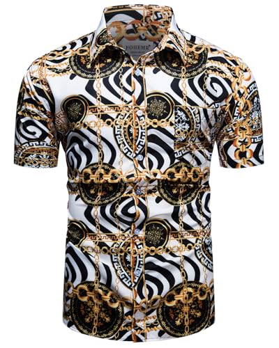 fohemr Mens Baroque Printed Shirt Short Sleeve Button Down Luxury Shirt