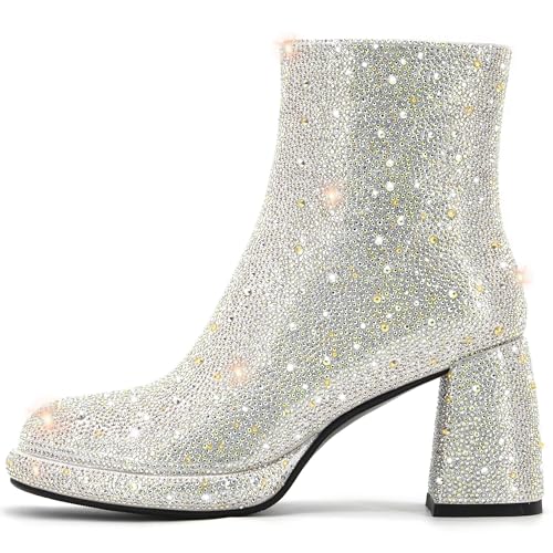 Rhinestone Boots For Women Chunky Block Heeled Sparkly Platform Ankle Booties Glitter Shoes Wedding Bride2