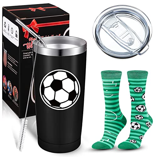 Mimorou Soccer Tumbler and Soccer Socks Gifts Set, Soccer Coffee Mug 20 oz with Lid Straw Brush, Stainless Steel Travel Cup for Soccer Lover Men Women Boys Birthday Christmas Thanksgiving Gift, Black