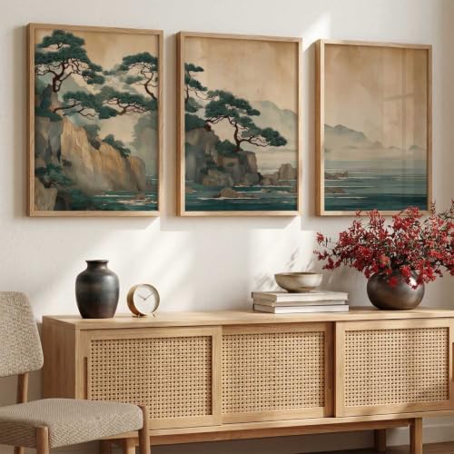 Image of kotart Big Aesthetic Nature Art Wall Framed Posters | Japanese Nature View Framed Poster for Living Room Bedroom Wall Decor Set Of 3 (20x30 Inch)
