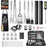 【Ausgestattet mit Grill-Aufbewahrungstasche und Grillschürze】 : Jedes grillbesteck set ist mit einer Tasche ausgestattet, und jedes Grillzubehör verfügt über einen eigenen Aufbewahrungsort, sodass Sie es besser für Campingzwecke ausführen können. Jedes grillbesteck set ist mit einer maßgeschneiderten Grillschürze versehen, mit der Sie während des Grillens ohne Sorgen Speisen zubereiten können.