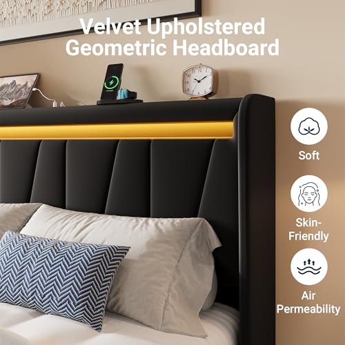 Image of Allewie King Size LED Bed Frame with Charging Station, Velvet Upholstered Platform Bed with Geometric Wingback Headboard, Modern Frame with No Box Spring Needed, Easy Assembly, Black