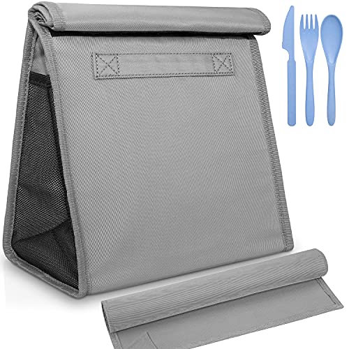 Reusable Lunch Sack Bag with Extra Storage Pockets, Knife, fork, spoon and Washable Napkin, Large Capacity Foldable Insulated Lunch Bag Tote for for Men, Women, Office, School, Picnic, Hiking (Gray)