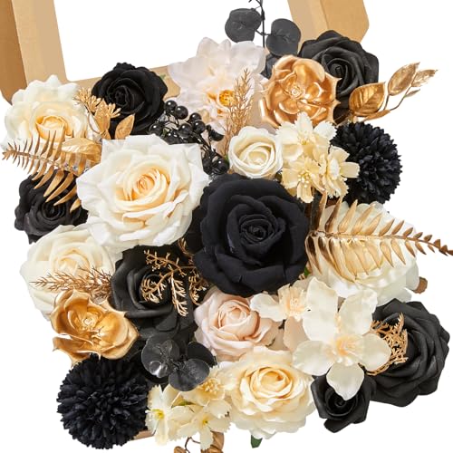Alecono Silk Artificial Flowers Black Champagne DIY Wedding Bouquet Set