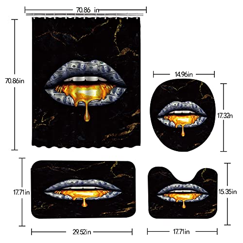 4 Pcs Marble Shower Curtain Sets, Naked Lip Us Dollars Black Gold Sexy Cool Funny Bathroom Decor, Rug Toilet Lid Cover And Non-Slip U Shape Mat, Waterproof Shower Curtain With 12 Hooks, 72 X 72 Inch #TOP1