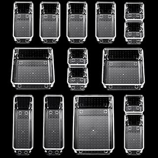 JMIATRY Set of 16 Desk Drawer Organiser Trays with Non-Slip Design, 5 Sizes Divider Makeup Organiser, Plastic Clear Drawer Organiser for Dressing Tables, Kitchen, Bathroom and Office