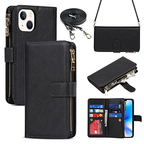 Étui portefeuille conçu pour iPhone 14 Plus coque bandoulière porte-cartes noir 6,7"