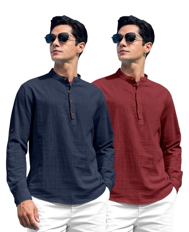 Image of ROYALSCOUT Combo of Men's Solid Cotton Blend Full Sleeve Straight Kurta Shirt (Pack of 2)