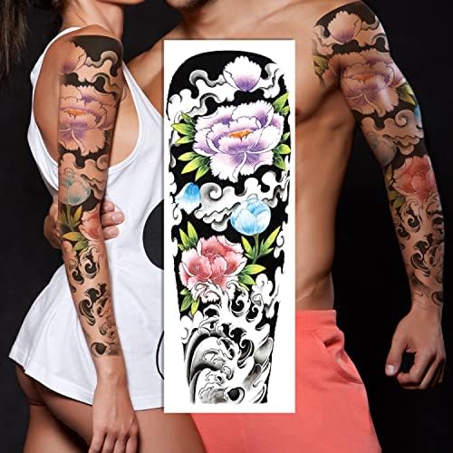Oehok Temporary Tattoos, Extra Large Full Arm Fake Tattoos, Cool Waterproof Tattoo Stickers, Body/Leg/Arm Makeup Lasting Tattoos Sleeve for Adult/Man/Women/Girl, Fashion Black Waves Flowers 3D Realistic Temp Tattoo