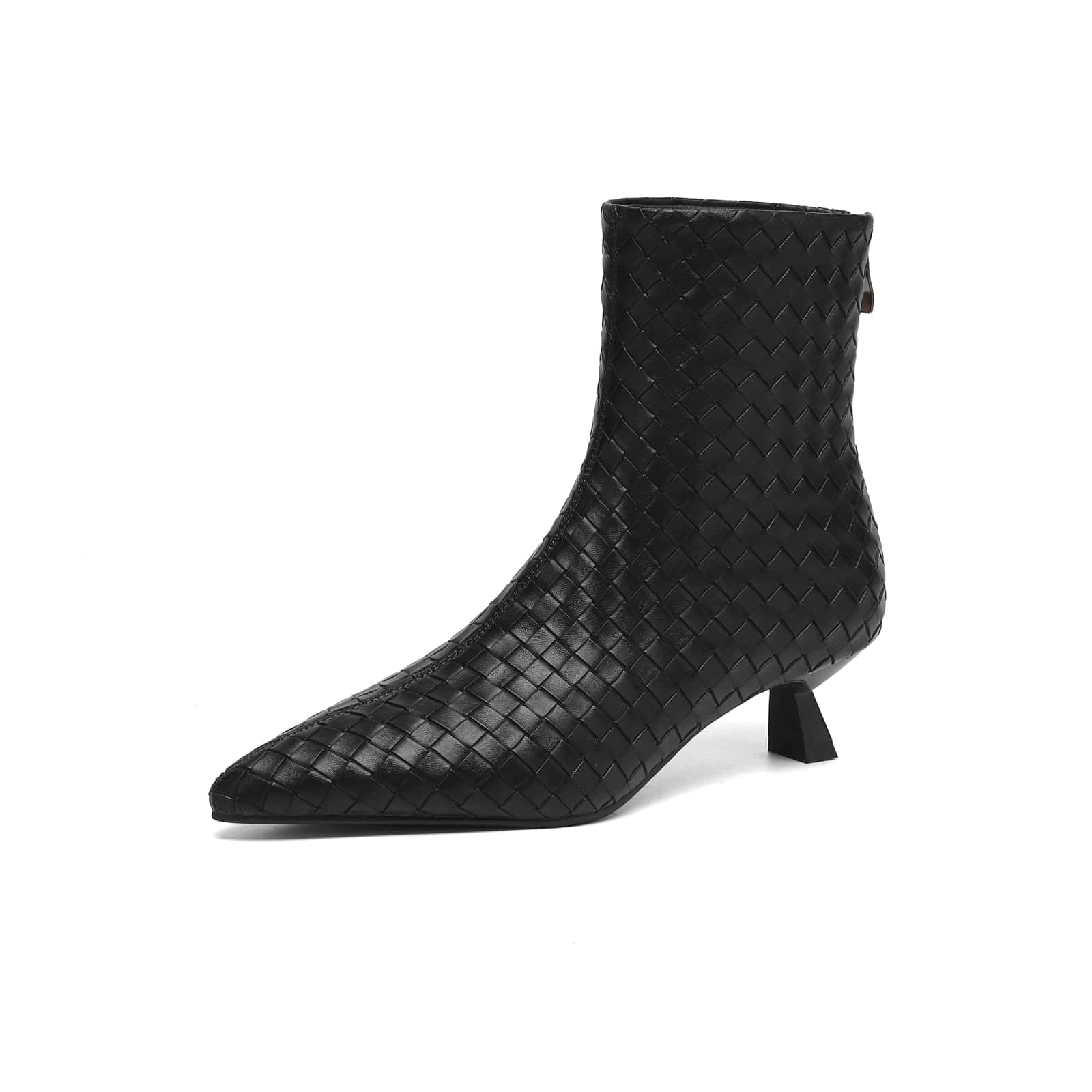 TinaCus Womens Woven Ankle Boots Leather Handmade Pointed Toe Back Zipper Kitten Heel Short Booties