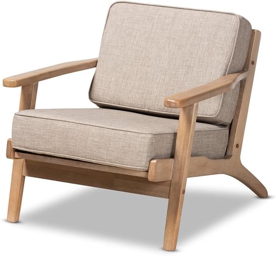 BOWERY HILL Upholstered Armchair, Light Grey Fabric, Antique Oak Finish, Solid Rubberwood Frame, Foam Padded Removable Cushions, Mid-Century Accent Chair for Living Room or Office