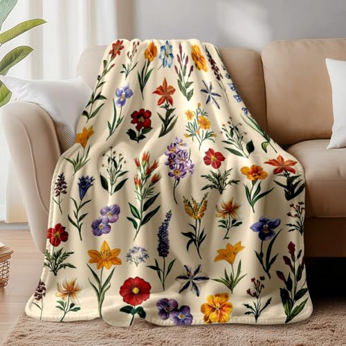 WADORN Couverture à Imprimé Fleurs Sauvages Couverture en Flanelle, Vintage en Peluche avec...