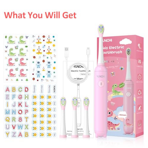 YUNCHI Kids Electric Toothbrush, Rechargeable Kids Toothbrushes with Timer, lPX7 Waterproof Toddler Toothbrush Funny DIY Stickers with 4 Brush Head Tooth Brush K5 (Pink) - Image 8