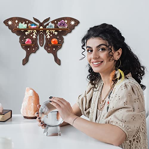 Yulejo Crystal Shelf Display Rustic Wooden Cat Moon Shelves Moth Hamsa Hand Wolf Crystal Holder Shelves Wooden Floating Shelf For Rock Gemstones Meditation Spiritual Gift For Home Bedroom (Moth) #TOP5