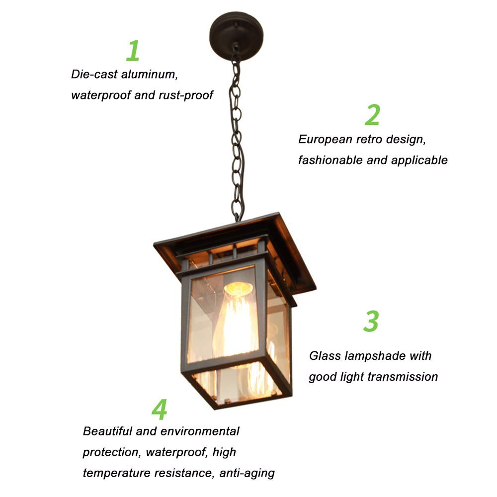 Mengjay Lámpara Colgante de Exterior Impermeable IP23 E27 Lámparas de Techo Lámpara de araña de aluminio fundido y cristal Patio Villa Loft lámpara de exterior（18.5x23CM）